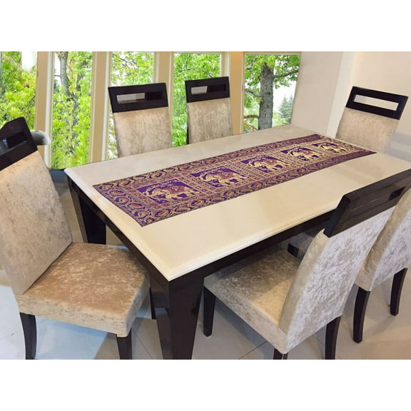 Stylo Culture Brocade Jacquard Center Table Runner Purple Rectangular Bohemian Ethnic Table Home Decor Elephant Floral Traditional Dining Table Cloth | 60x16 Inches ( 152 x 40 cm)