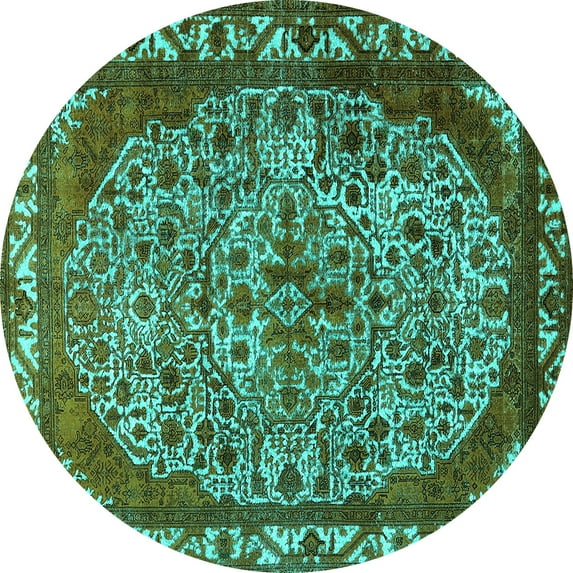 Ahgly Company Machine Washable Indoor Round Oriental Turquoise Blue Industrial Area Rugs, 5' Round