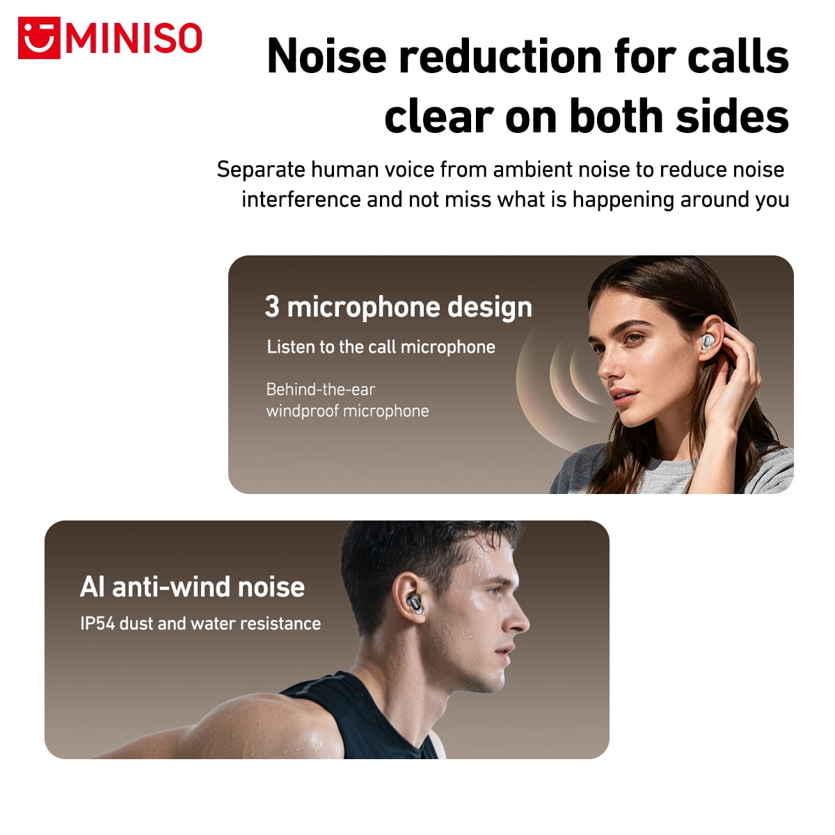 MINISO MS105 Wireless Bluetooth Earbuds, Mini In-Ear Headphones, Waterproof, Short Handle Design, for Work, Sports and Sleep, Black
