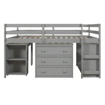 imerelez Low Study Full Loft Bed with Cabinet ,Shelves and Rolling Portable Desk ,Multiple Functions Bed- Gray