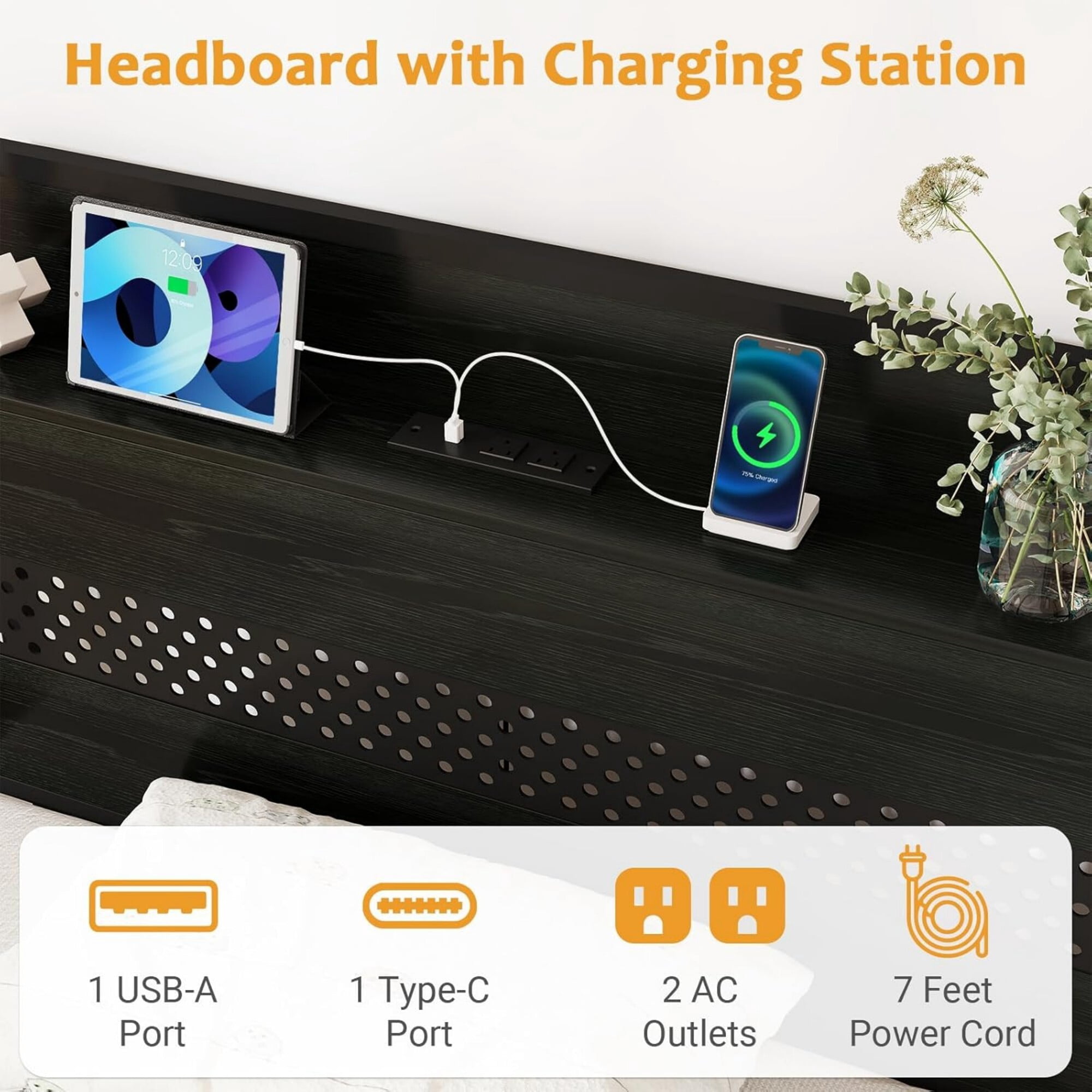 AENKYO Twin Size Bed Frame with 4 Storage Drawers, LED Lights, Charging Station Headboard, Black