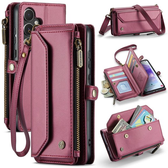 ShieldPlus for Samsung Galaxy A14 5G Case, RFID Blocking Galaxy A14 5G Wallet Case Crossbody for Women Men,Luxury PU Leather Magnetic Flip Zipper Strap Phone Case for Galaxy A14 5G,Winered