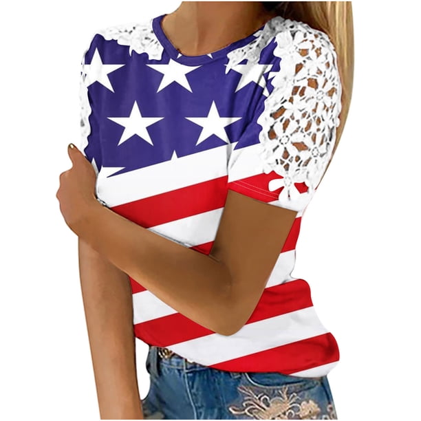 Camisas de Manga Corta para las Mujeres Impresión Cuello Redondo Suéter Encaje Camisa, Blusa de Verano Casual para las Mujeres