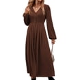 thumbnail image 3 of Sexy Dance Robe Évasée pour Femmes à Manches Longues, Midi, Boutonnée, Coupe Trapèze, Ample, Col en V, Brun Foncé, TG, 3 of 5
