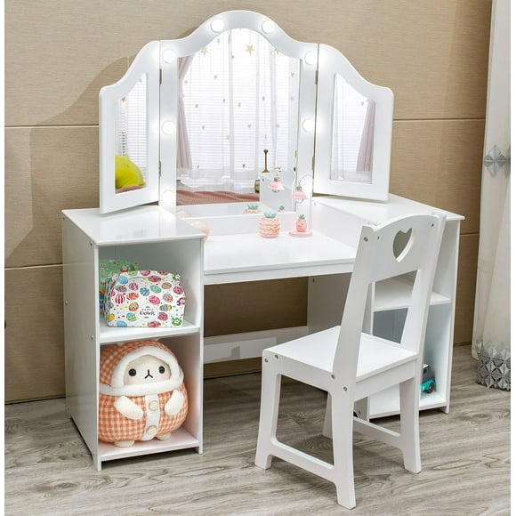 Cherish Kids Vanity with Lights,2 in 1 Princess Makeup Desk & Chair Set, Lighted Mirror, Storage Shelves & Cabinet, Toddler Dressing Table, Pretend Play Vanity Set for Little Girls