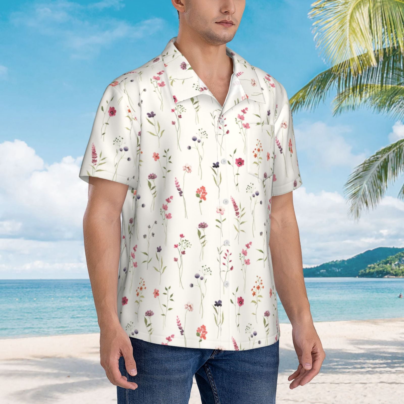 Logiee Wildflower Watercolor Print Mens Hawaiian Shirts,Loose-Fit Short Sleeve Button Down Tropical Aloha Beach Shirt,Summer Vacation Wedding Tops,Medium