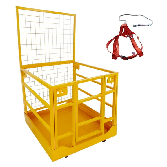 Forklift Safety Cage with Safety Harness,43x45 Inches Heavy Duty Forklift Cage,Forklift Man Basket with Chian and Safety Lock Up to Load 1300LBS for 2 People