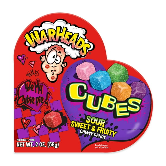 Warheads Sour Cubes Valentine's Candy Heart Box, 2 oz., Made in Plant that Processes Milk and Soy