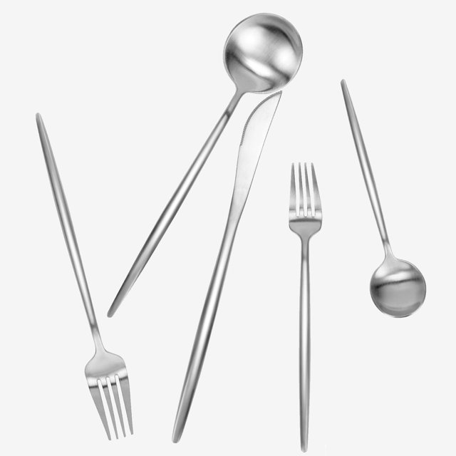 Matte Black Silverware Set 5 Pieces, Stainless Steel Flatware Set, Kitchen Utensil Set, Tableware Cutlery Set, Satin Finished Polished & Dishwasher Safe( Sliver
