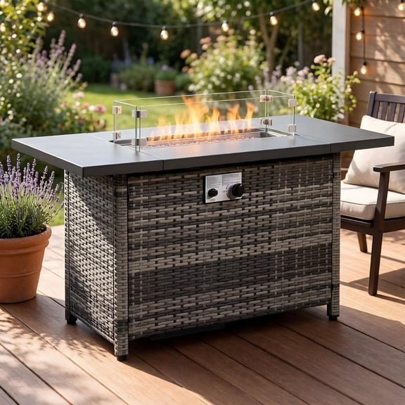 Fehomix 43-Inch Propane Fire Pit Table, CSA Certified 50,000 BTU Outdoor Gas Firepit with Lid & Wind Guard, All-Weather Wicker & Steel Fire Table for Patio, Deck, Backyard - Black-Gray