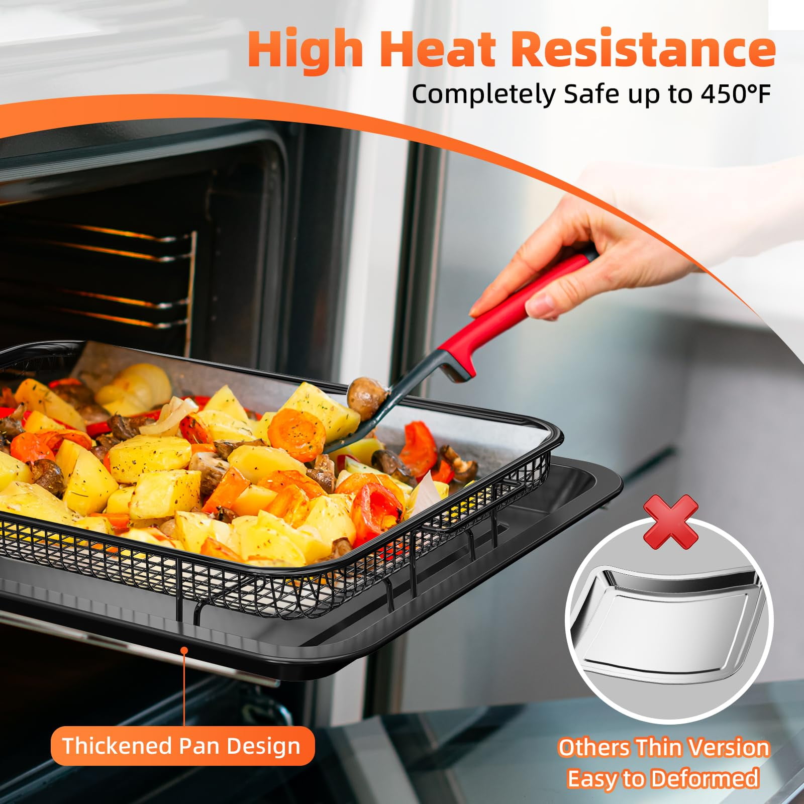 Air Fryer Basket for Oven,Oven Air Fryer Basket and Tray with 50 PCS Parchment Papers,2 Set Stainless Steel Air Fryer Pan and Crisper Tray for Baking Grilling (Black)