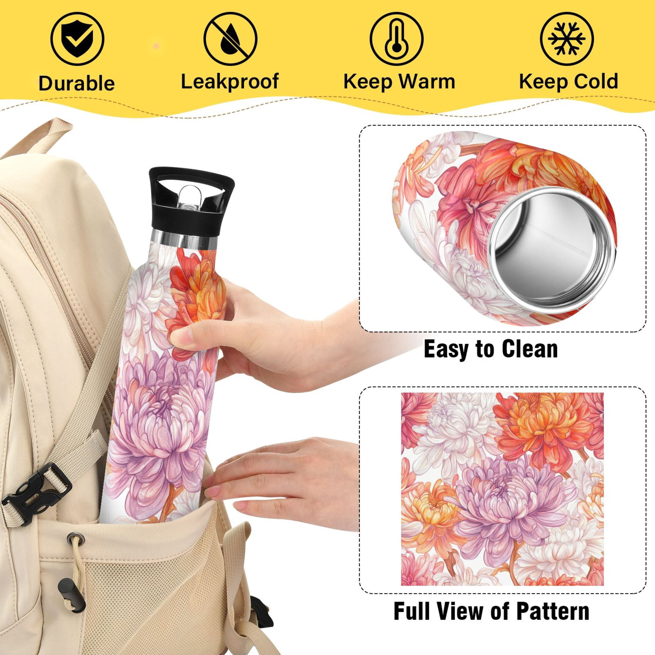 600ML Stainless Steel Insulated Cup Sports Water Bottle Portable Thermos Cup Water Glasses Insulated Tumblers Convenient and Durable Red Chrysanthemum