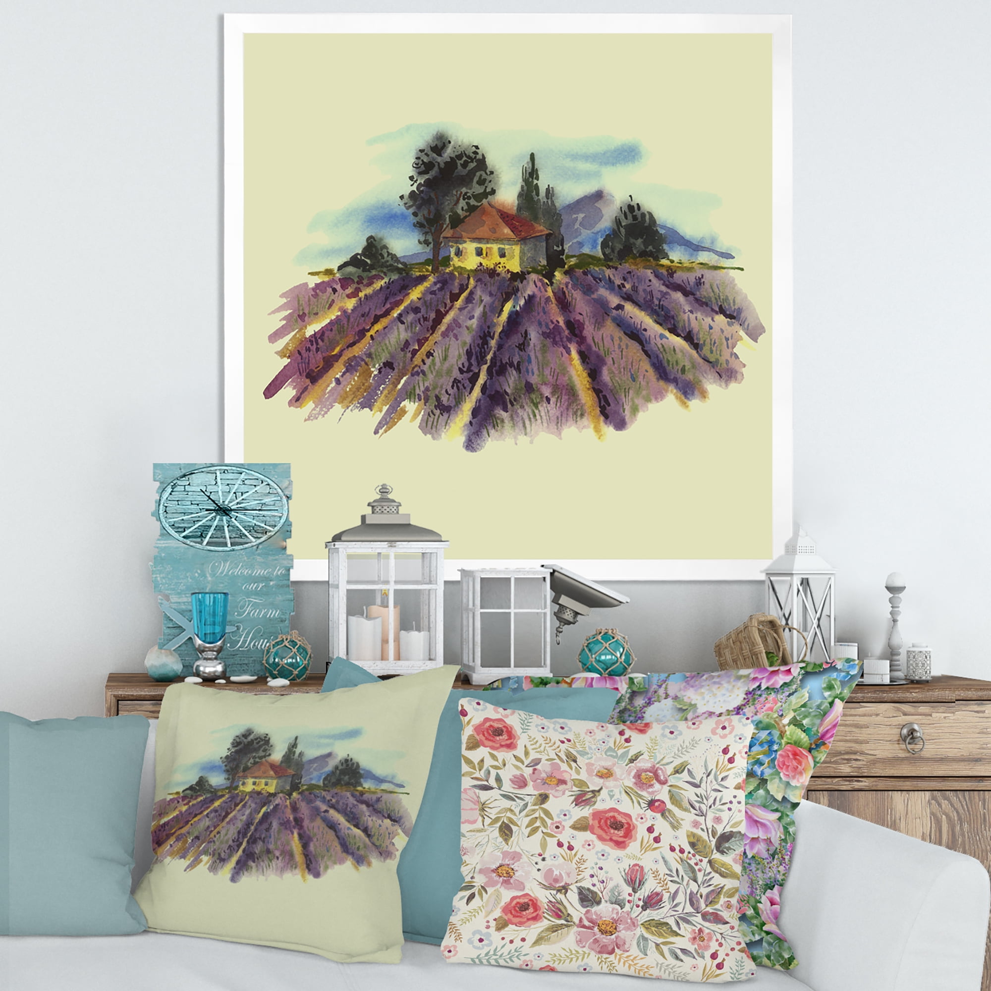 Designart 'Landscape With Blooming Lavender and Village House' Traditional Framed Art Print