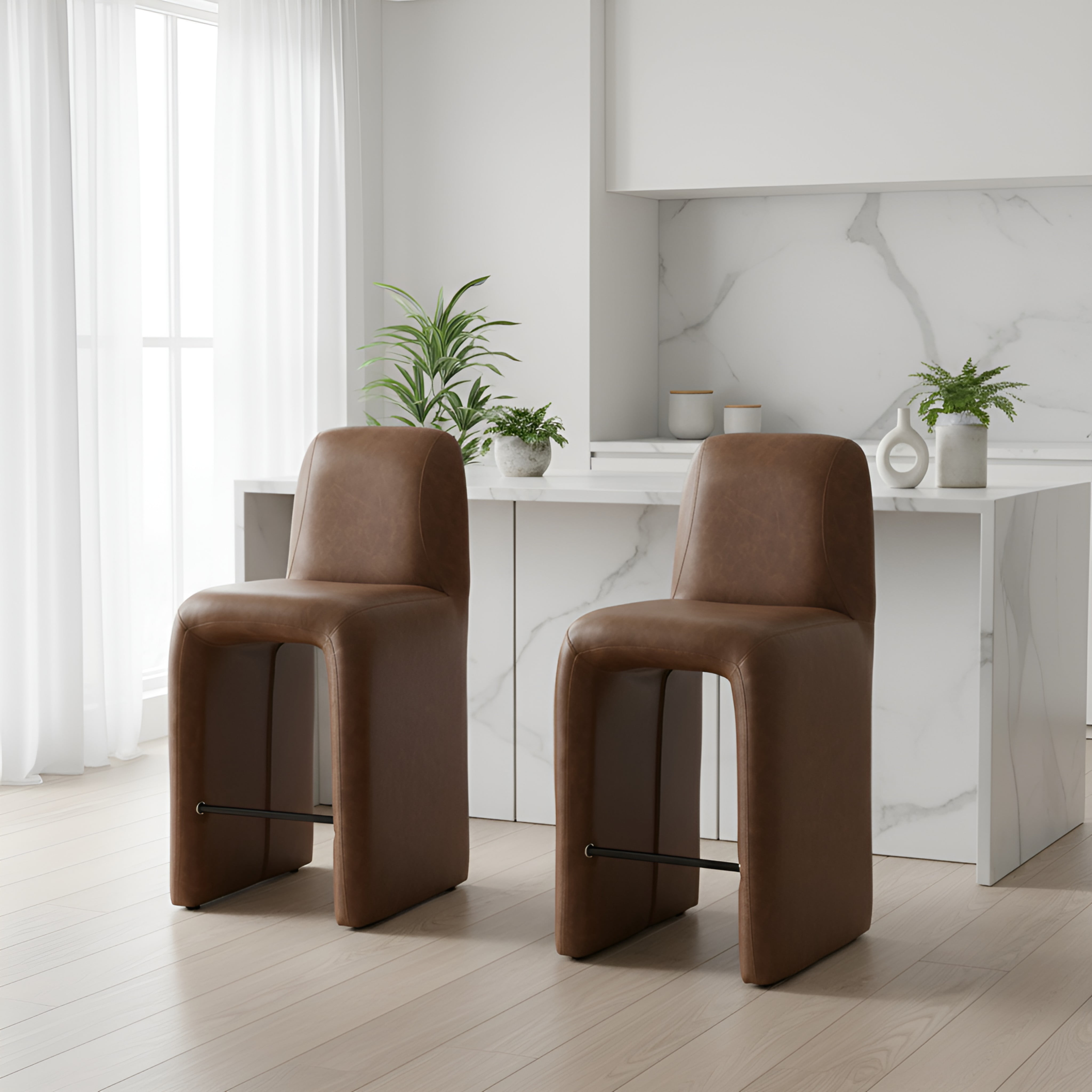 Dayalane Modern Bar Stool, 26" Upholstered Leather Counter Height Stools with Back Support, Armless Kitchen Island Chair Side Stool with Footrest, No Assembly Required, Brown