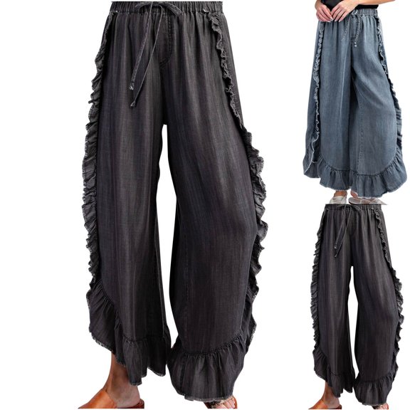 Yxbdin Wide Leg Pants for Women Trendy Ruffle Trim Long Pants High Elastic Drawstring Waist Fashion Clothing Comfortable Loose Fit Lounge Pants