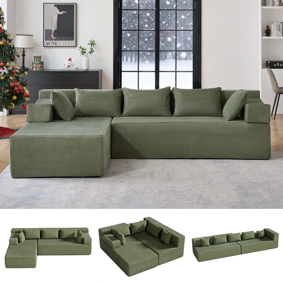 Behost 105" Modular Sectional Sofa Couch with Pillows, Deep Seat L Shaped Sofa for Living Room, Green