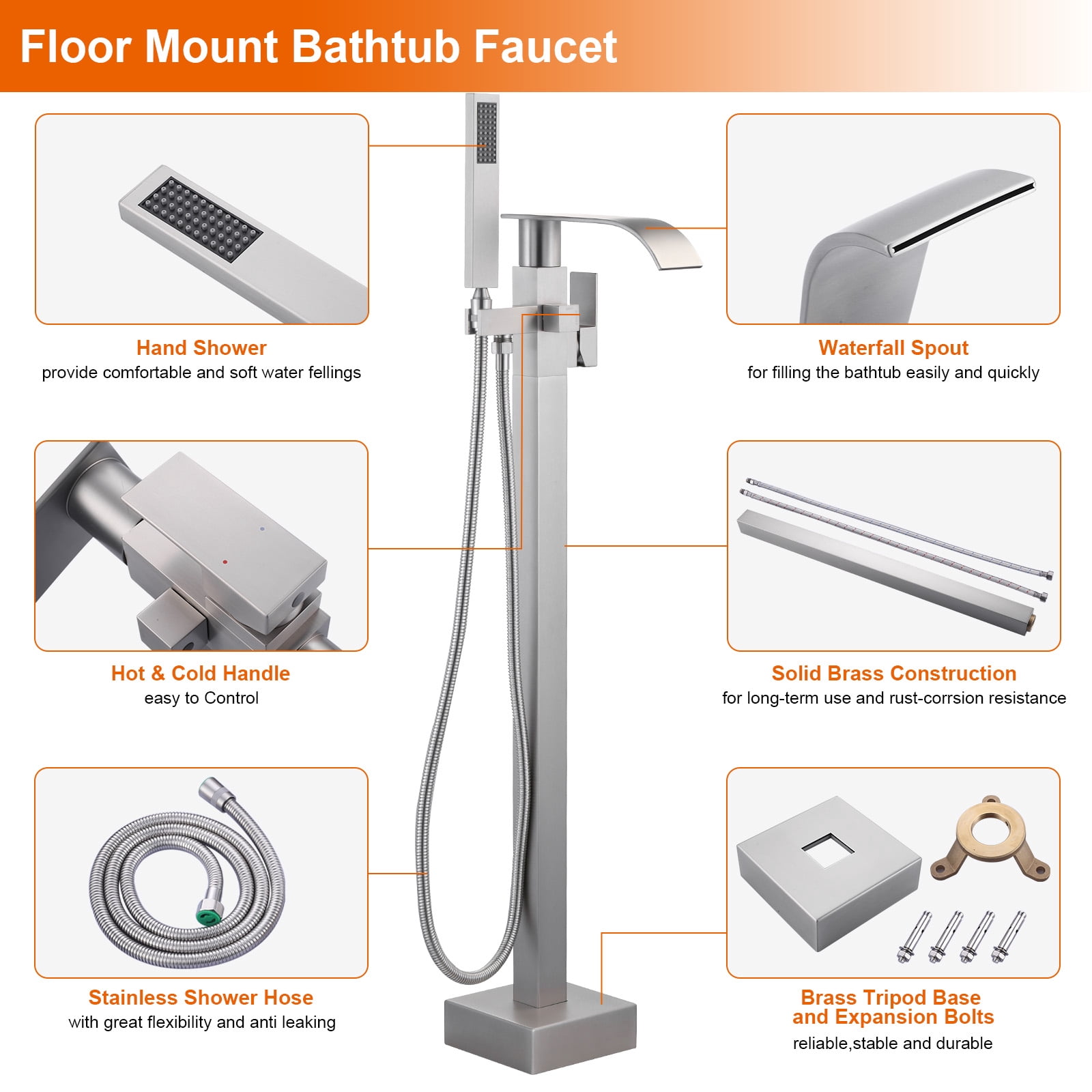 Wowow Brass Waterfall Single-Handle Floor Mount Freestanding Bathtub Faucet with Hand Shower and Supply Line in Brushed Nickel