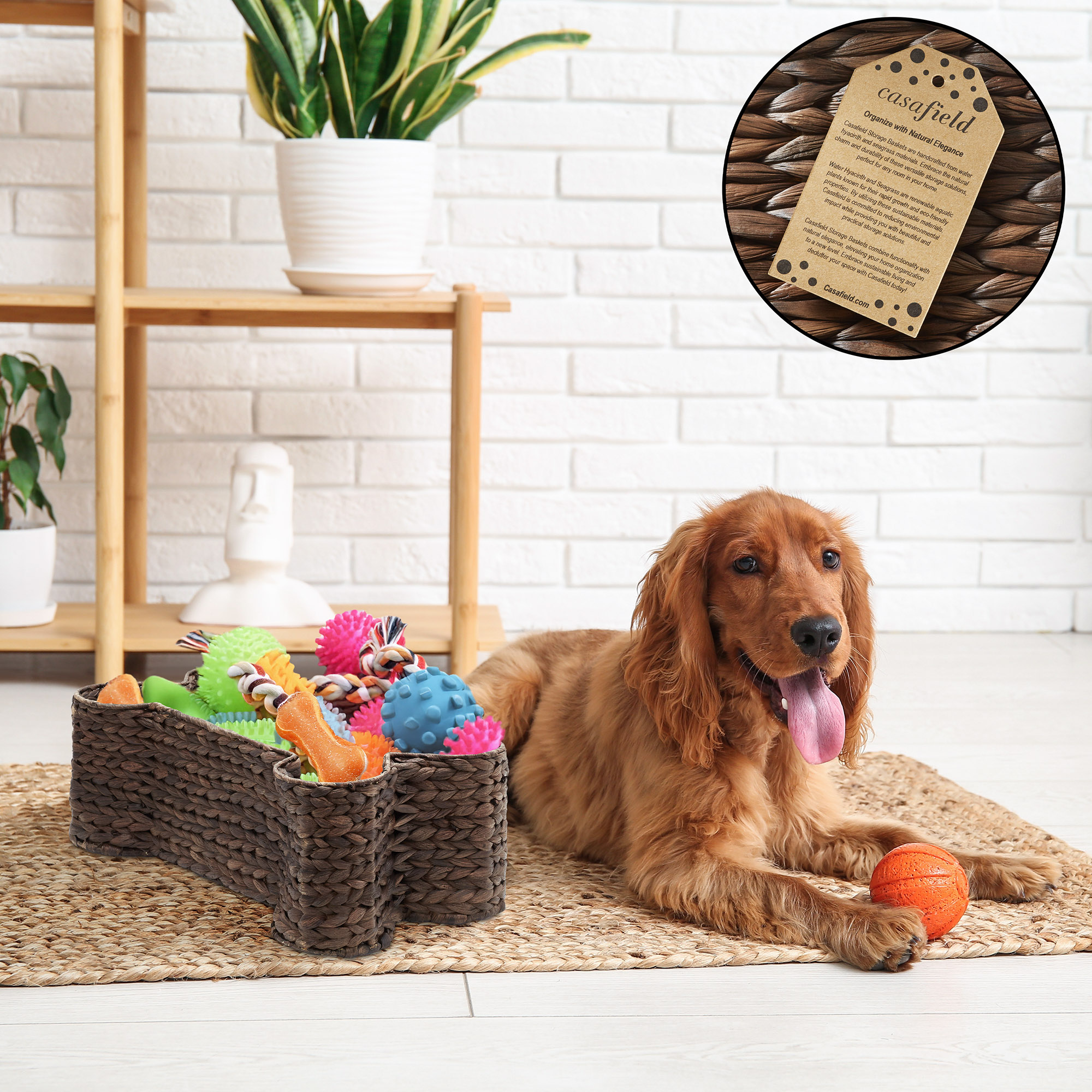 Casafield Dog Bone Shaped Storage Basket - Espresso, Large Water Hyacinth Pet Toy Bin Organizer
