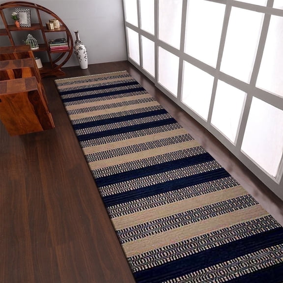 Rugsotic Carpets Eco-Friendly Woven Hand Woven Kilim Flat Weave Aqua Cream Contemporary Area Rug, 2'6''x12' Runner, Antimicrobial