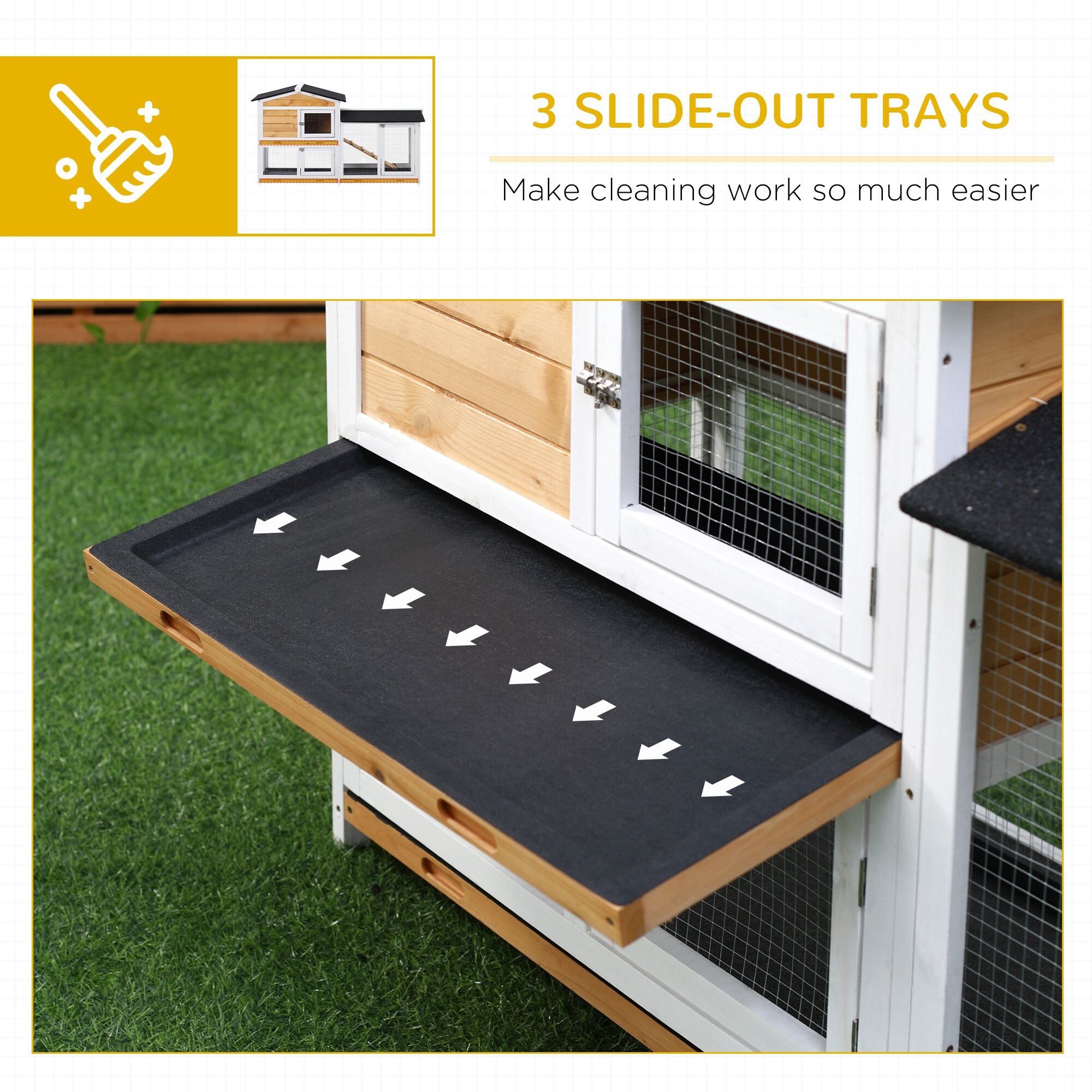 Dog Crate, PawHut 2-Story Rabbit Hutch Wooden Bunny Hutch Cage Small Animal House with Ramp, No Leak Tray, Weatherproof Roof and Outdoor Run, Indoor/Outdoor, Yellow, Yellow Pet Playpen,Chicken Coop
