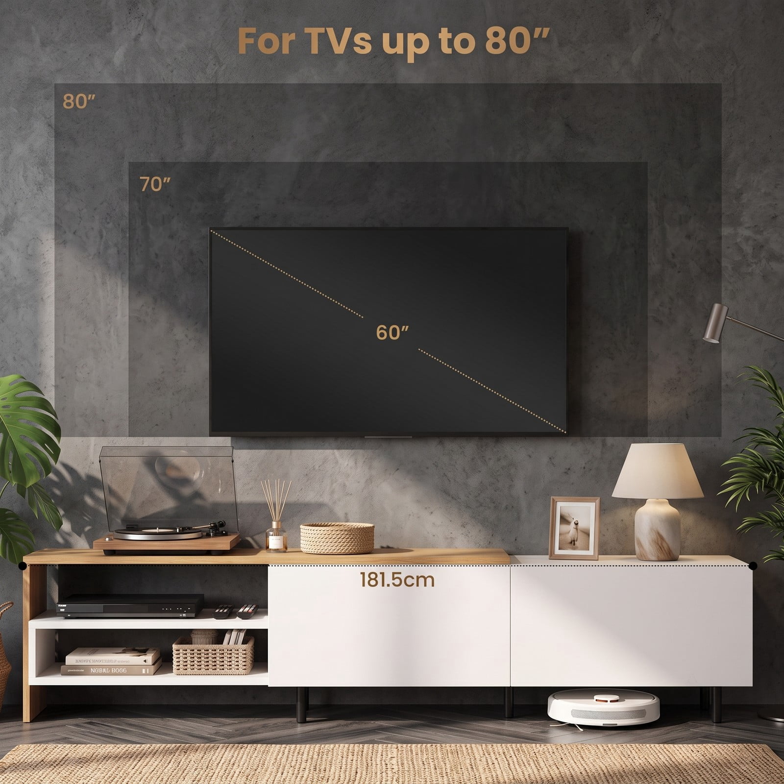 Furnibear Modern TV Stand for TVs up to 80 Inches, Wood Entertainment Center Media Console with 2 Storage Cabinets and Open Shelves for Living Room, White & Natural