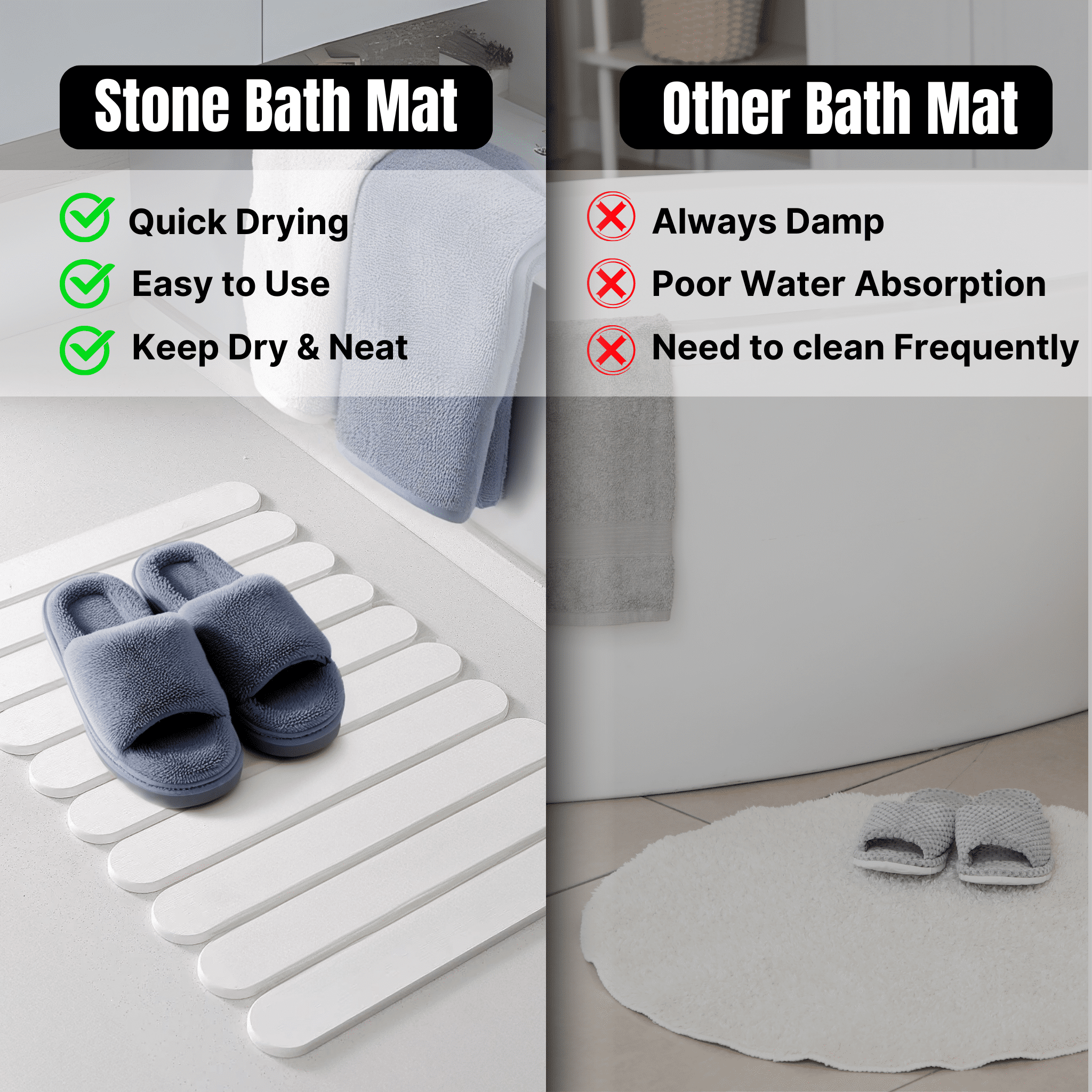 Large Stone Bath Mat 24"x16" – Foldable Quick Dry Diatomaceous Earth Shower Mat, Fast Absorbent Non-Slip Bathroom Floor Pad – White