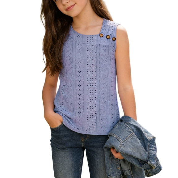 BFHHYA Girls Eyelet Lace Tank Tops Casual Loose Sleeveless Tees Shirt Fashion Summer Tops for Teens Girls Size 4-14 Years