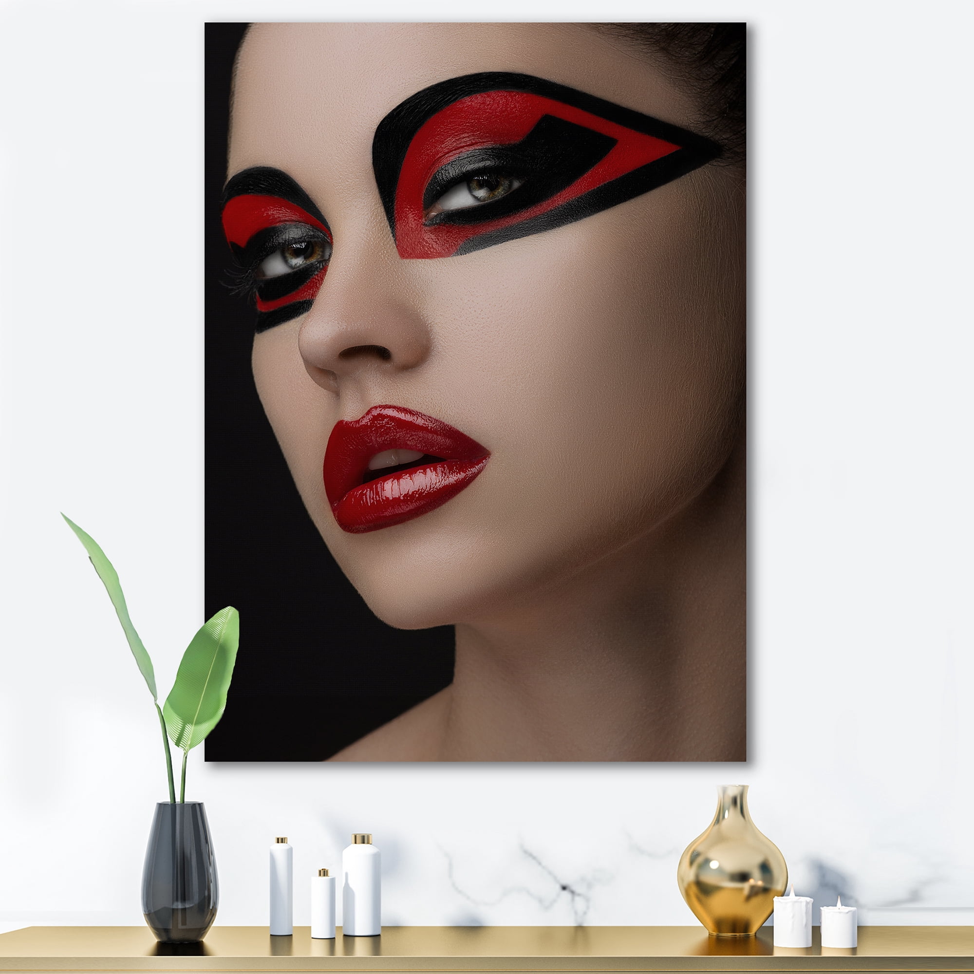 Designart ' Red Lips Black Makeup On The Eyes of Mask Girl ' Modern Canvas Wall Art Print