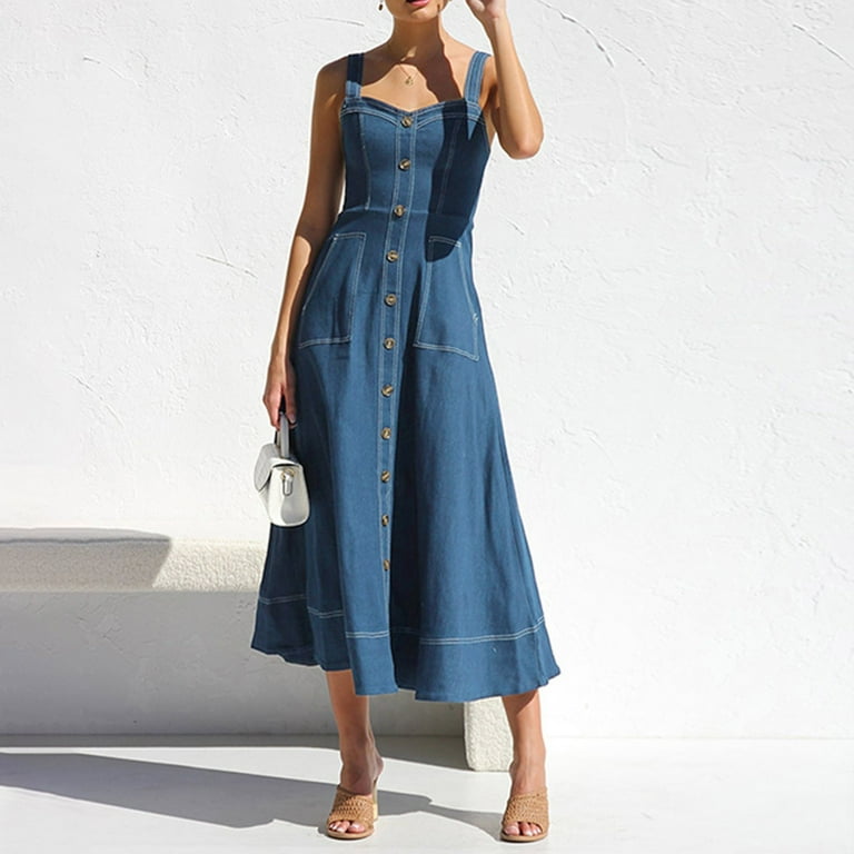 denim chiffon maxi dress Chiffon Front Tie Ruffle Dress in Denim Blue