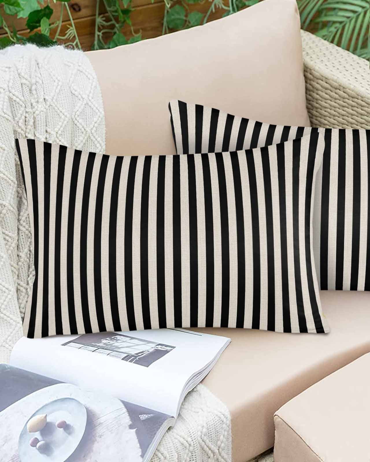 Outdoor Waterproof Throw Pillow Covers Set of 2 Black Stripes Pillowcases Lumbar Outdoor Pillows Cushion Case 20x12 Inch Linen Classic Vertical Striped Patio Pillows for Couch Sofa Bed Garden