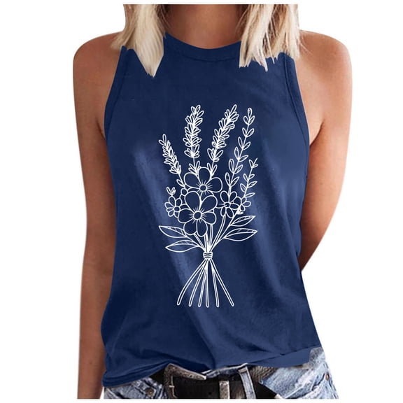 JSKUMAR Women's Summer Crewneck Tank Tops Floral Graphic Curved Hem Sleeveless Tops Casual Loose Fit Shirts Navy-3,L