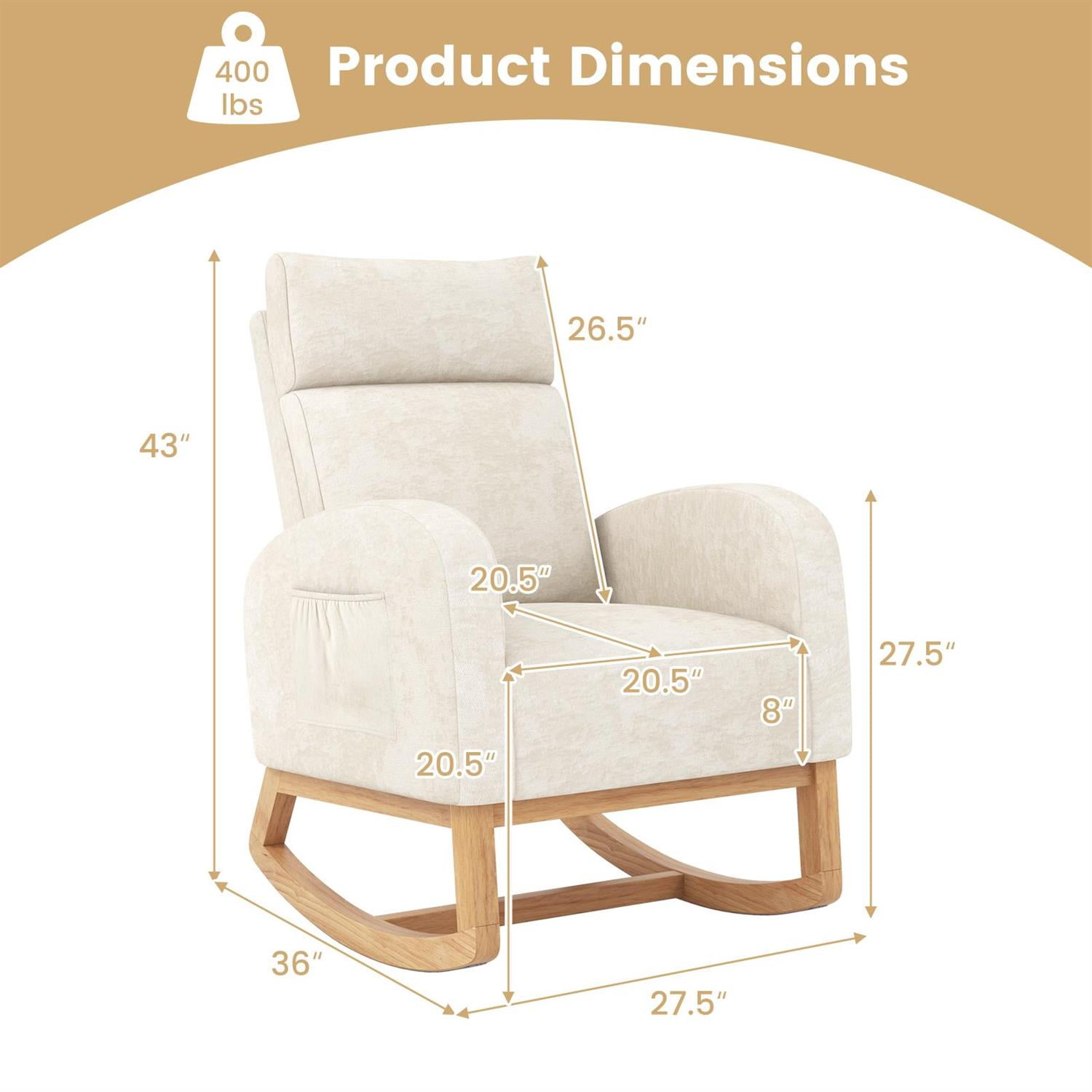 Spaco Chenille Nursery Rocking Chair, Rubber Wood Frame, Ergonomic Support, Side Pockets, Beige