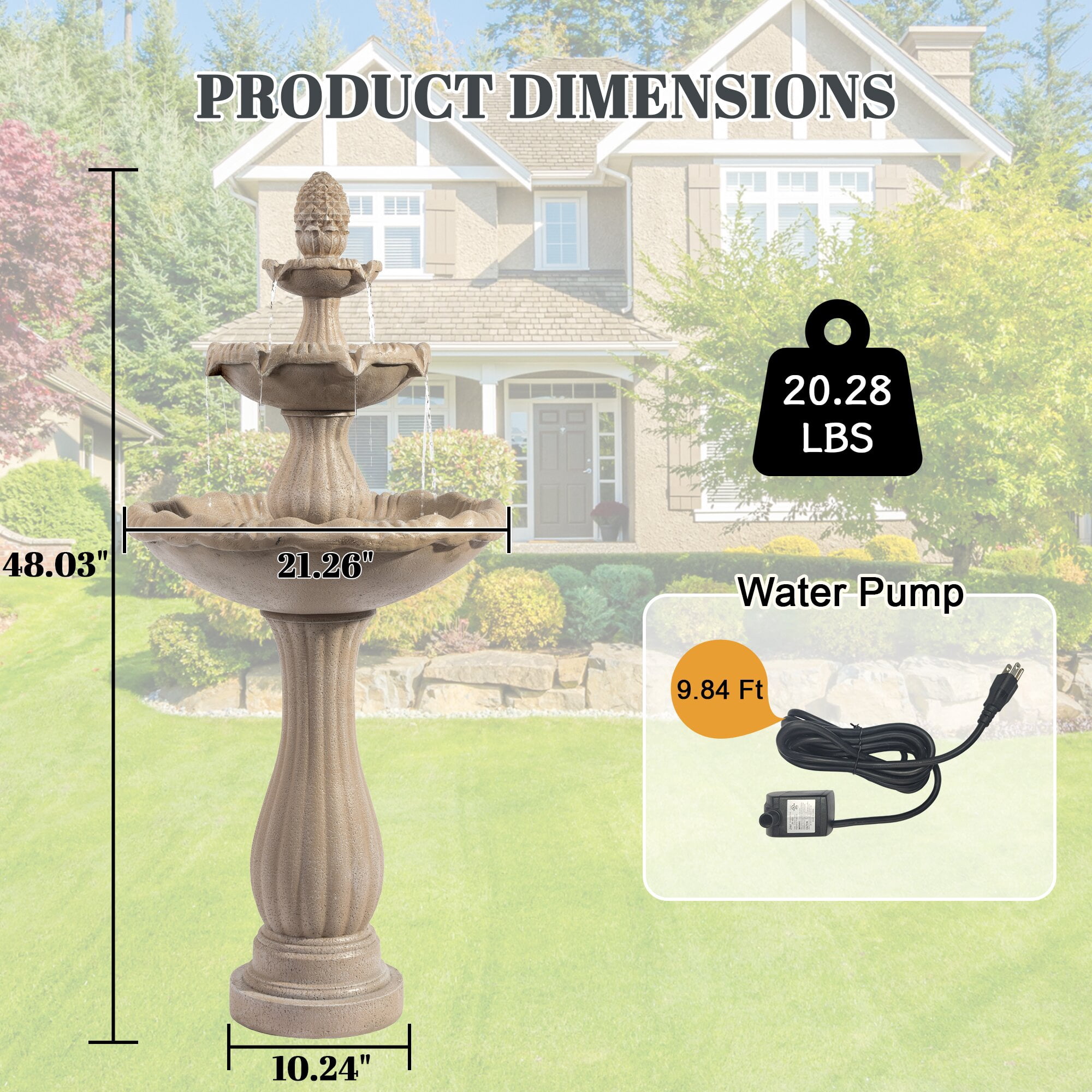 Kaluomm 48" 3-Tiers Outdoor Water Fountain, Italian Pineapple Large Cascading Waterfall Fountains, Weather-Resistant Resin Freestanding Fountain Features for Garden Patio Backyard, Beige