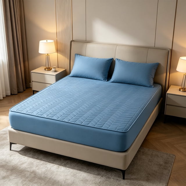 Quilted Waterproof Bed Cover Set - Ice Silk Mattress Protector, Breathable Cooling Topper, Blue, JKODE