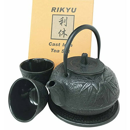 Japanese Evergreen Bamboo Forest Black Traditional Heavy Cast Iron Tea Pot Set With Trivet and Cups Set Serves 2 Beautifully Packaged in Teapot Gift Box Home Decor Asian Living Gift And