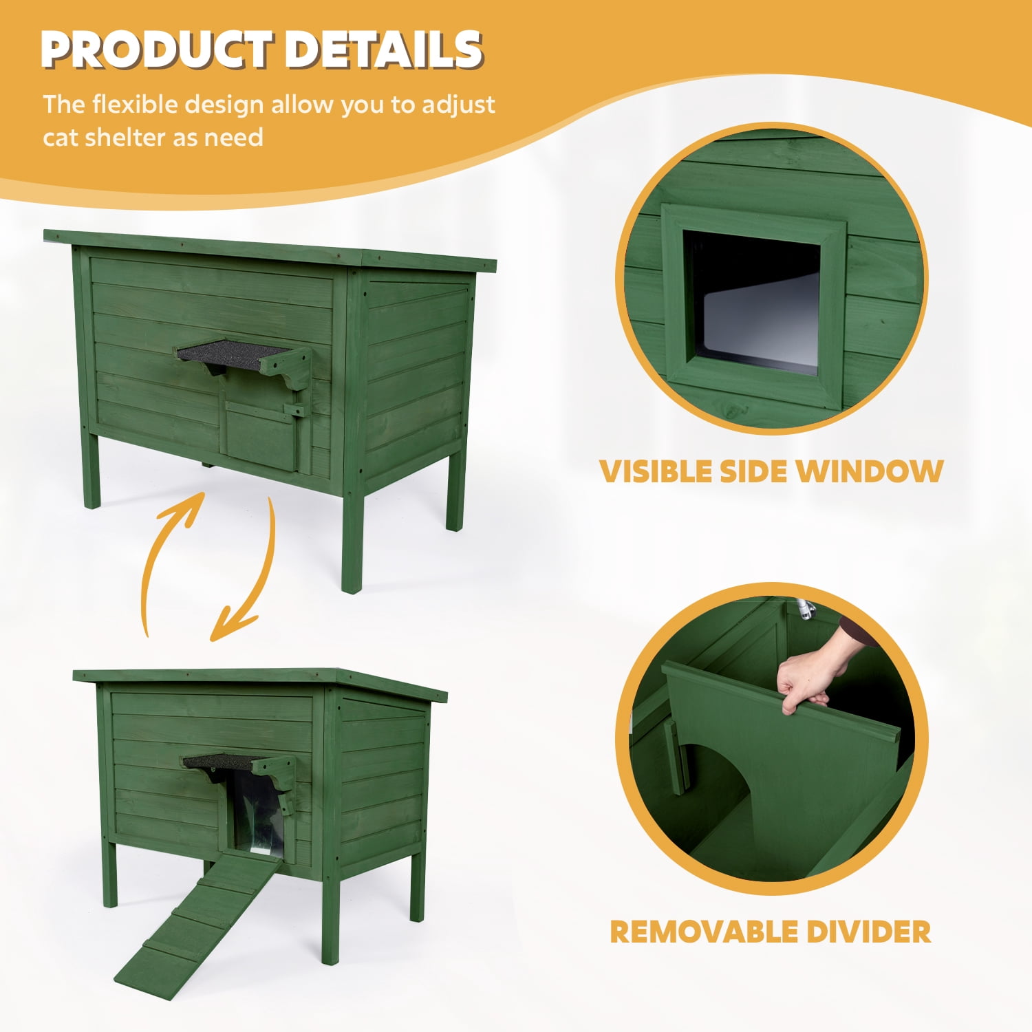 Hidpriva Insulated Wooden Outdoor Cat House, Weather-Resistant Feral Cat Shelter for Winter w/ Foldable Ladder & Visible Window, Dark Green
