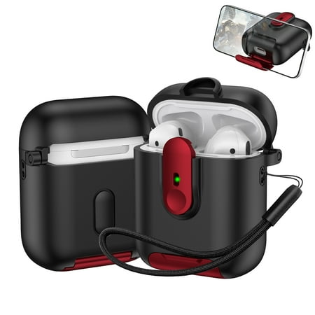 Dteck for AirPods 2 Case with Phone Stand Auto Open Secure Lock Cover Compatible with AirPods with Lanyard Full Body Drop Protective Cover for Men Women Red Black