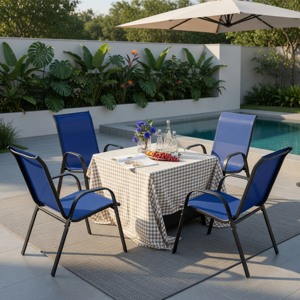 Hommoo 4-Pack Stackable Patio Dining Chairs, Ergonomic Armrests & Breathable Mesh Fabric, Outdoor Mesh Chairs for Deck, Patio, or Balcony, Navy