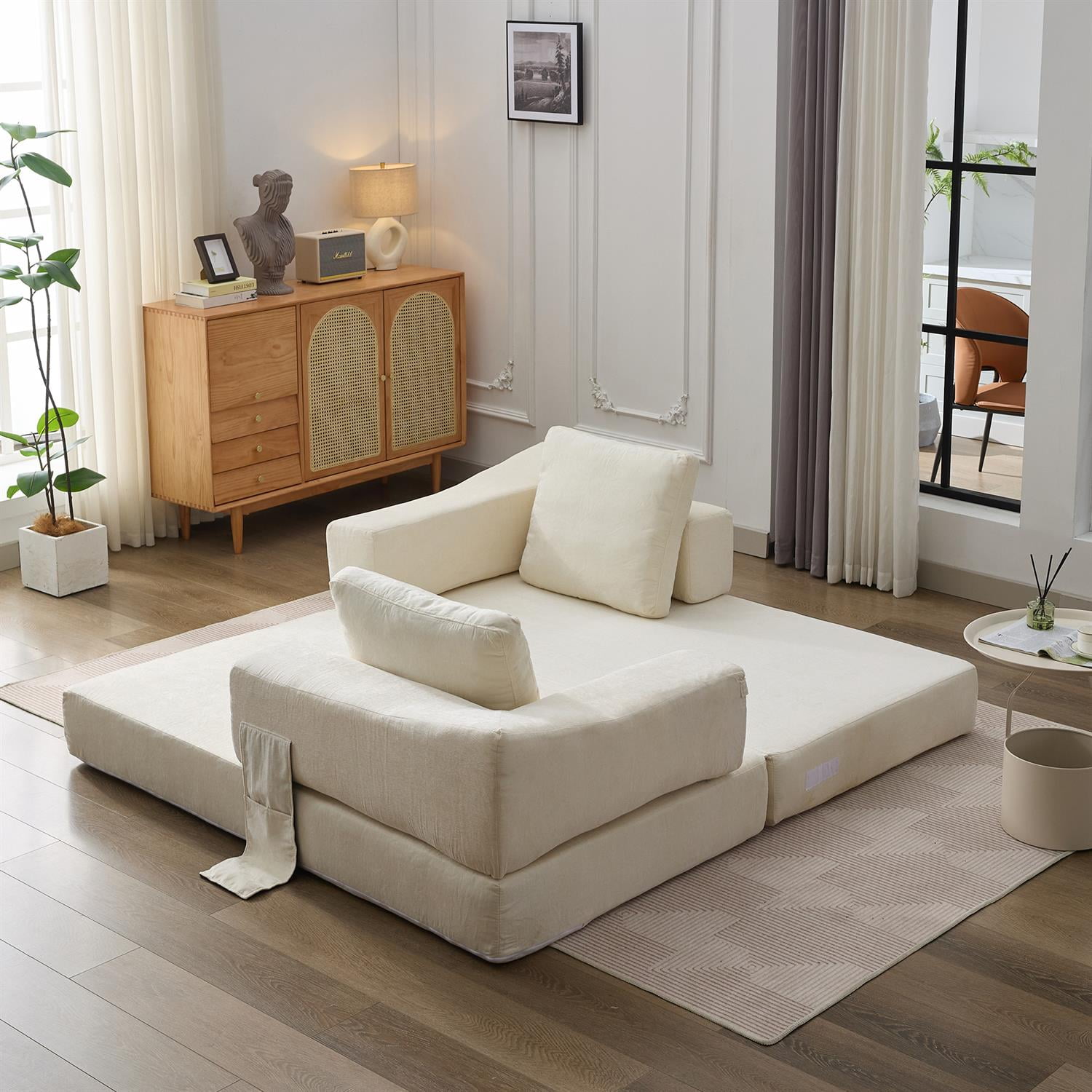 Demi Bonn 70" Modern Minimalist Convertible Sofa Bed, Fold-Out Sofa Chair, Versatile Floor Couch & Mattress for Living Room, Bedroom, Apartment, Removable Backrest, White