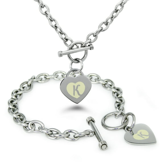 Tioneer Stainless Steel Alphabet Letter K Initial Heart Charm Toggle Bracelet & Necklace