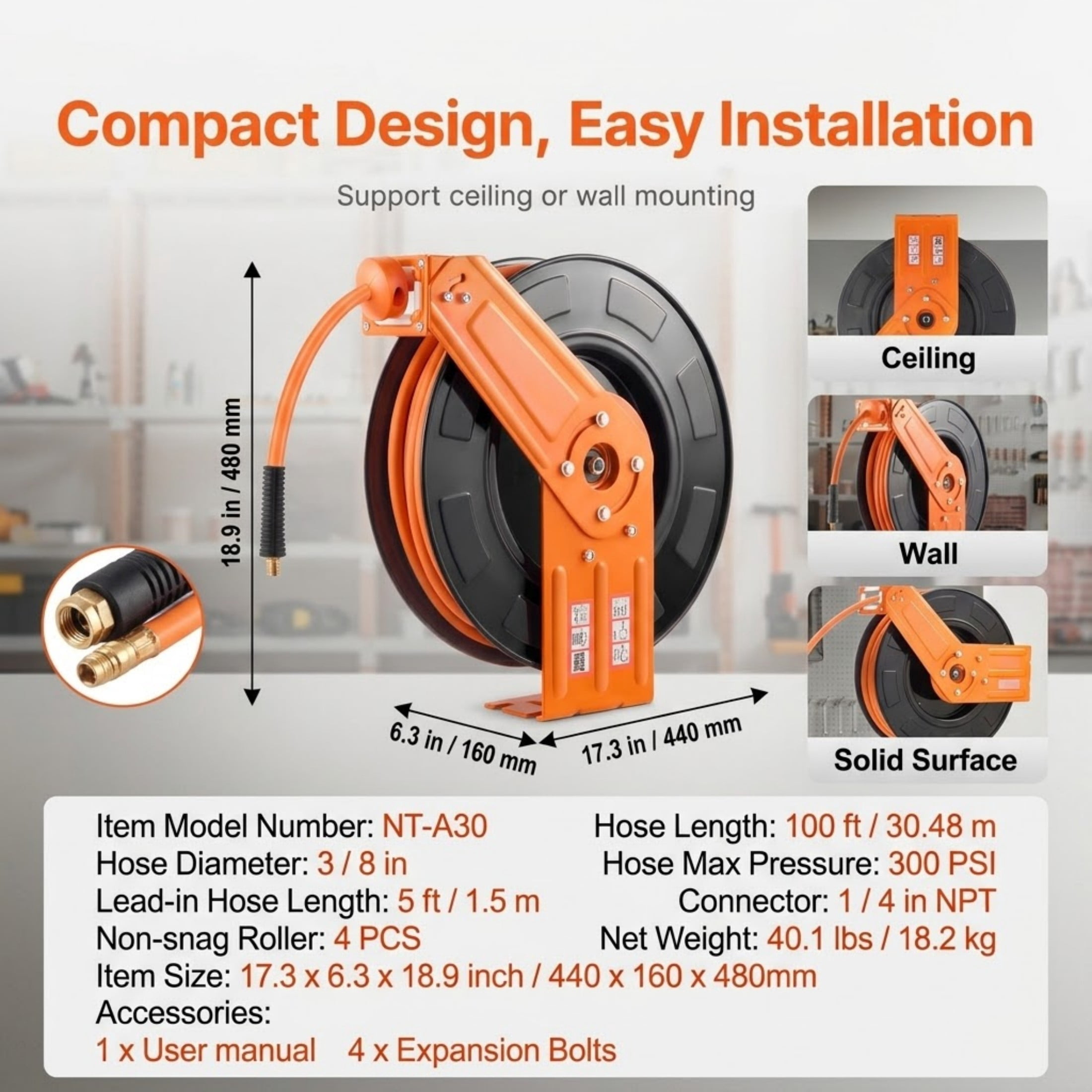 3/8" x 100 ft Retractable Air Hose Reel, 300 PSI Rubber Hose with Steel Reel