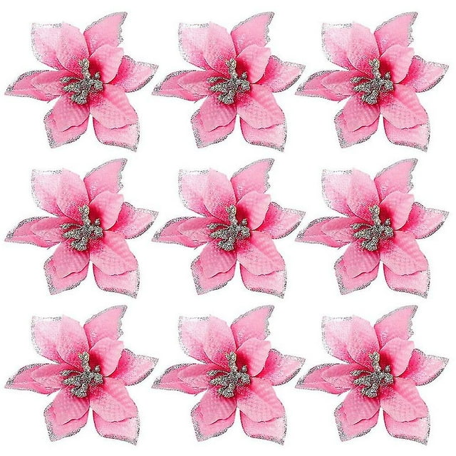 Paquete de 50 adornos navideños con purpurina y flores de Pascua de 5 pulgadas, flores artificiales de seda, decoración de coronas