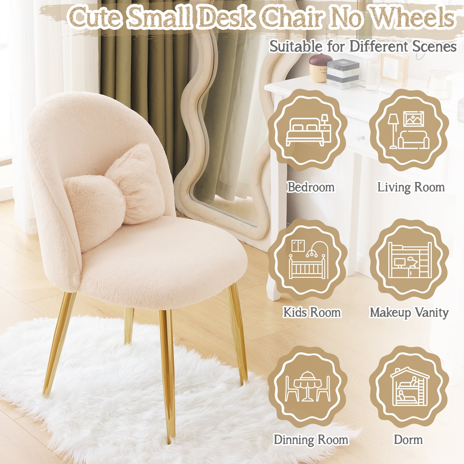 Ktaxon Vanity Makeup Chair Comfy Accent Chair Small Office Chair for Living Dining Room Bedroom Home Office Faux Rabbit Hair Light Khaki