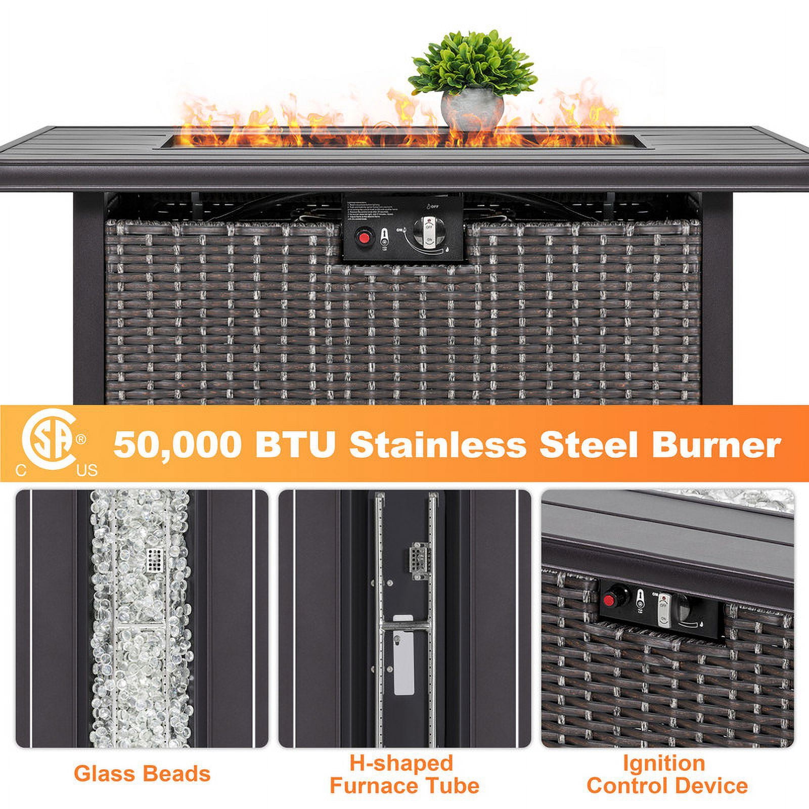 Nuu Garden 43" 50000BTU Outdoor Propane Gas Fire Pit Table, Rattan Aluminum Gas Burning Fire Pit Table, Dark Brown
