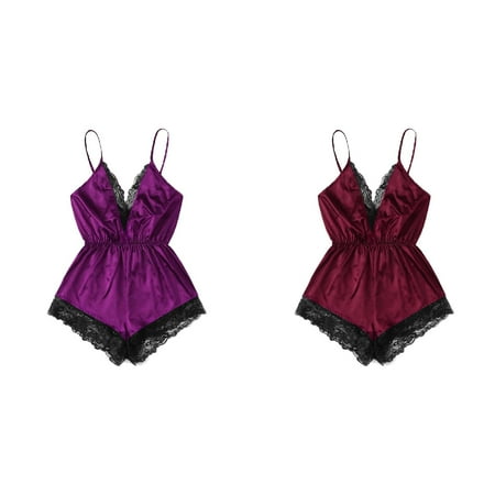 (2-Pack) 2025 New Womenyy Plus Size for Women V-Neck Lace Splice Womensy Bodysuit Sleepwear Bodydoll