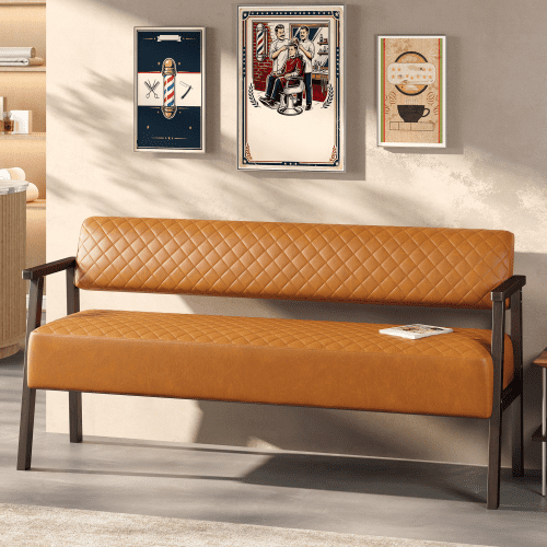 58.27" Diamond Quilted PU Faux Leather Waiting Bench with Wood Armrests, Upholstered Reception Bench for Salon Lobby Office, Dark Brown
