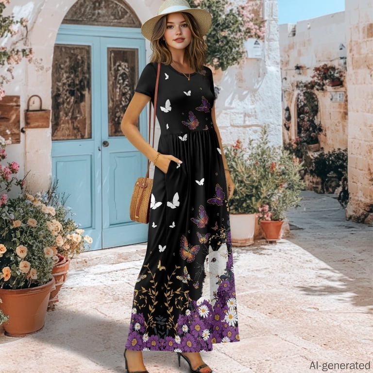 casual dress for dinner party Uourmeti Wrinkle Resistant Short Sleeve Maxi Dress, Cat Butterflies Crew Neck Two Side Pockets Maxi Daily Weekend Trip pink beaded Women's Tank Top Bodycon Fancy dinner Color:Nutcracker Ballet