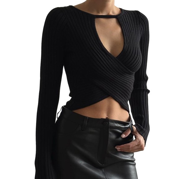 Women Knit Crop Tops Solid Color Ribbed Front Cross Low Cut Long Sleeve Sweaters Streetwear