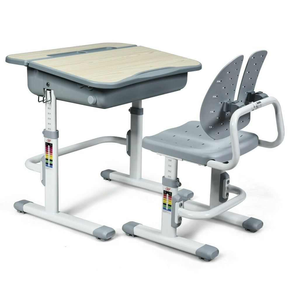Gymax Adjustable Children Study Desk Chair Set w/Winged Backrest Gray ...