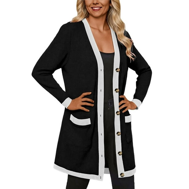 Suéter Cárdigan de Bloques de Color para Mujer, con Botones Al Frente y Ribete en Contraste, Informal, Ligero, para y Otoño Negro M